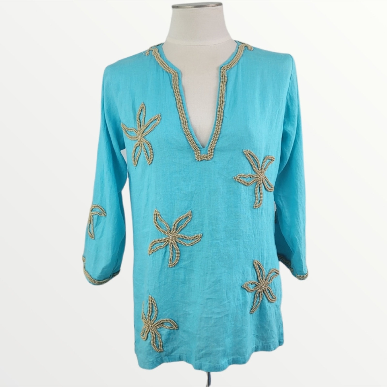 Barbara Gerwit Blue Linen Starfish Beaded Tunic 3/4 Sleeve Beach Swim Cover Up